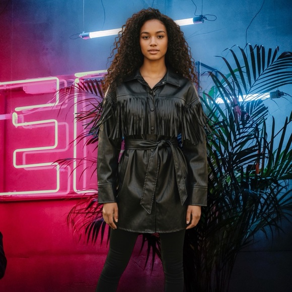 Vintage style SHEIN Black Faux Leather Fringe Belted Jacket - Picture 3 of 16